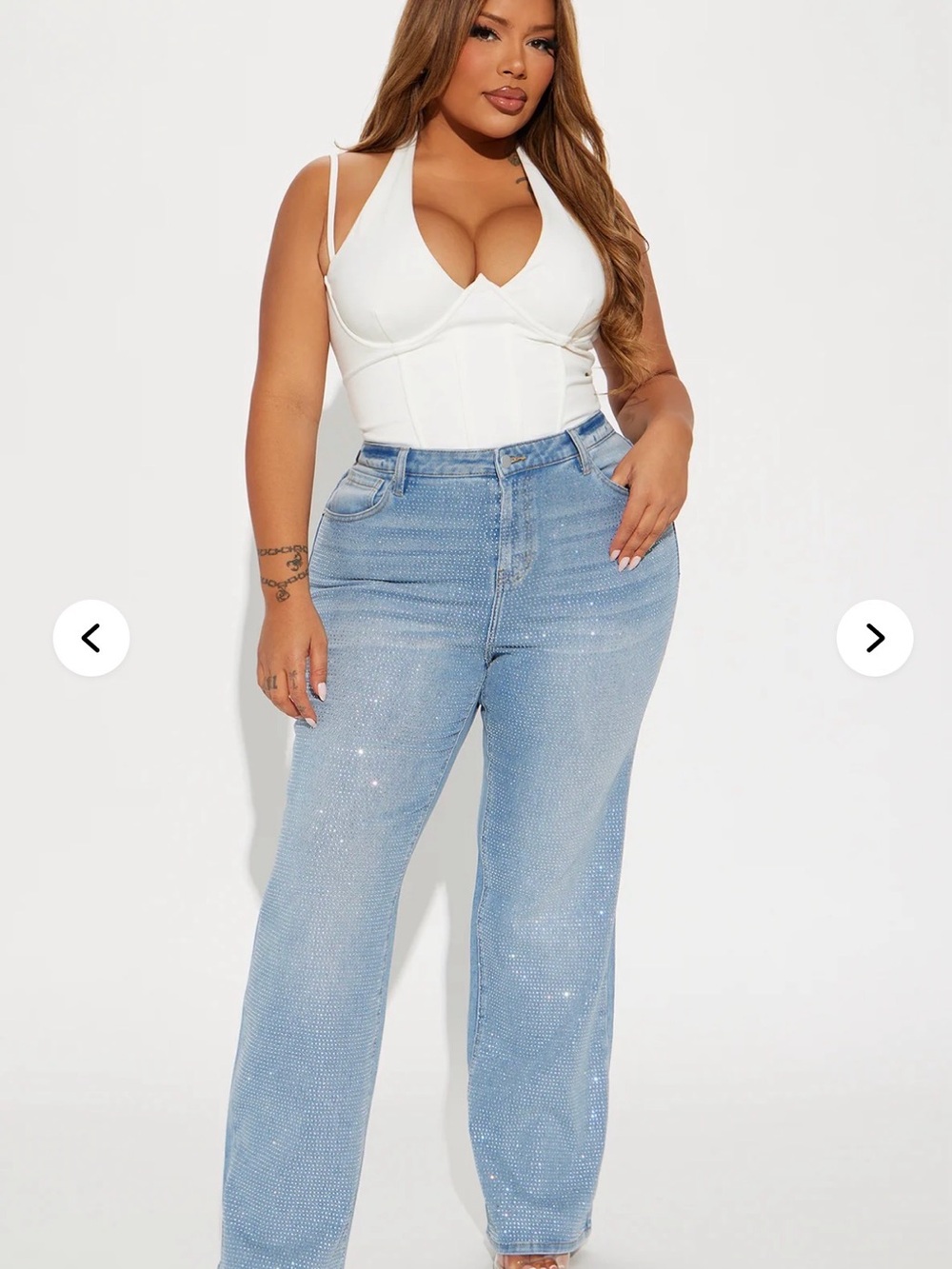 Fashion Nova Light Blue Straight Leg Jeans with Sparkle Embellishment